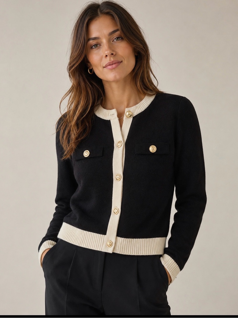 Zara Black and Cream Trim Button-Front Cardigan